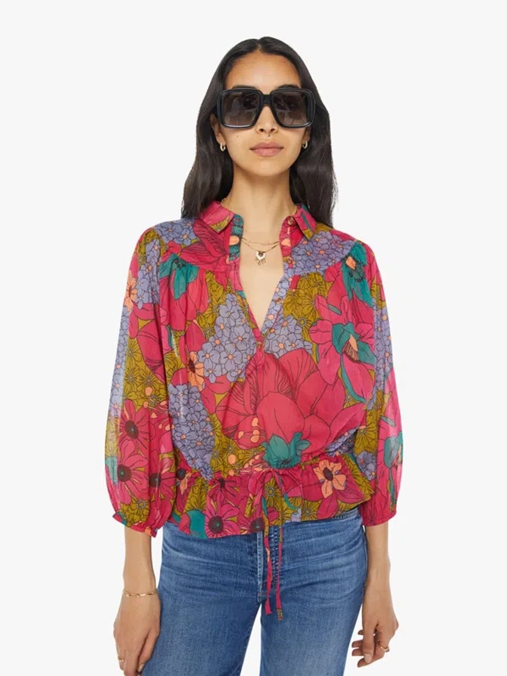 MOTHER The Wasting Time Henley Blouse Phychic Floral Top Multicolored | Small
